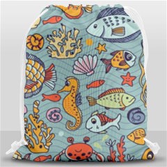 Cartoon Underwater Seamless Pattern With Crab Fish Seahorse Coral Marine Elements Drawstring Bag (large) by uniart180623