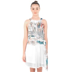 Venice T- Shirt Venice Voyage Art Digital Painting Watercolor Discovery T- Shirt Halter Collar Waist Tie Chiffon Dress by ZUXUMI