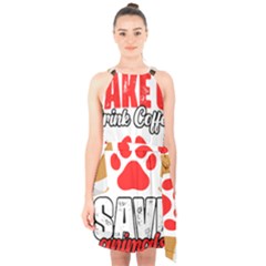 Veterinary Medicine T- Shirt Wake Up Drink Coffee Awesome Vet Med Worker Veterinary Crew T- Shirt Halter Collar Waist Tie Chiffon Dress by ZUXUMI