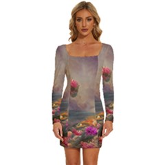 Floral Blossoms  Long Sleeve Square Neck Bodycon Velvet Dress by Internationalstore