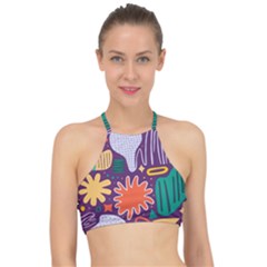 Colorful Shapes On A Purple Background Halter Bikini Top by LalyLauraFLM
