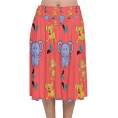 Elephant Monkey Dog Cartoon Velvet Flared Midi Skirt by Pakjumat