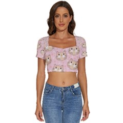 Cat Pattern Pink Cartoon Short Sleeve Square Neckline Crop Top  by Pakjumat