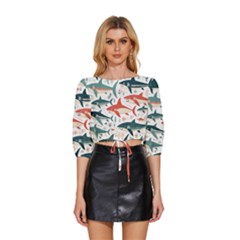 Fish Shark Animal Pattern Mid Sleeve Drawstring Hem Top by Pakjumat