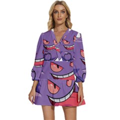 Purple Funny Monster V-neck Placket Mini Dress by Sarkoni