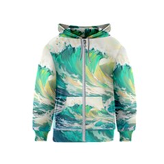 Waves Ocean Sea Tsunami Nautical Painting Kids  Zipper Hoodie by uniart180623