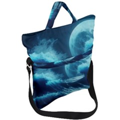 Moonlight High Tide Storm Tsunami Waves Ocean Sea Fold Over Handle Tote Bag by uniart180623