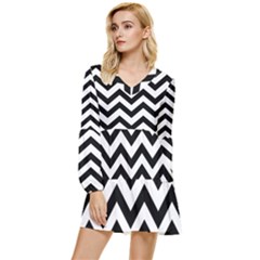 Black And White Chevron Tiered Long Sleeve Mini Dress by Ket1n9