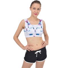 Cute White Cat Blue Eyes Face V-back Sports Bra by Ket1n9