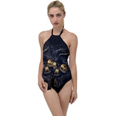 Art Fiction Black Skeletons Skull Smoke Go With The Flow One Piece Swimsuit by Ket1n9