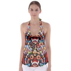 Wood Sculpture Bali Logo Tie Back Tankini Top by Ket1n9