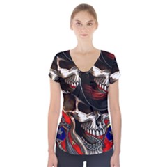 Confederate Flag Usa America United States Csa Civil War Rebel Dixie Military Poster Skull Short Sleeve Front Detail Top by Ket1n9