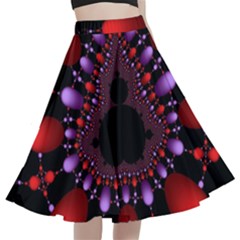 Fractal Red Violet Symmetric Spheres On Black A-line Full Circle Midi Skirt With Pocket by Ket1n9