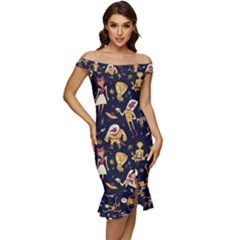 Alien Surface Pattern Off Shoulder Ruffle Split Hem Bodycon Dress by Ket1n9