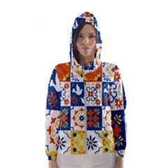 Mexican-talavera-pattern-ceramic-tiles-with-flower-leaves-bird-ornaments-traditional-majolica-style- Women s Hooded Windbreaker by Ket1n9