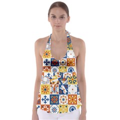 Mexican-talavera-pattern-ceramic-tiles-with-flower-leaves-bird-ornaments-traditional-majolica-style- Tie Back Tankini Top by Ket1n9