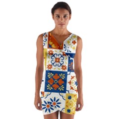 Mexican-talavera-pattern-ceramic-tiles-with-flower-leaves-bird-ornaments-traditional-majolica-style- Wrap Front Bodycon Dress by Ket1n9