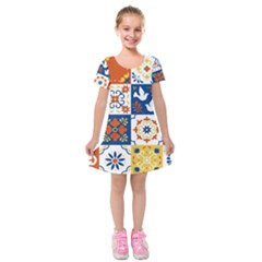 Mexican-talavera-pattern-ceramic-tiles-with-flower-leaves-bird-ornaments-traditional-majolica-style- Kids  Short Sleeve Velvet Dress by Ket1n9