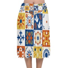 Mexican-talavera-pattern-ceramic-tiles-with-flower-leaves-bird-ornaments-traditional-majolica-style- Velvet Flared Midi Skirt by Ket1n9