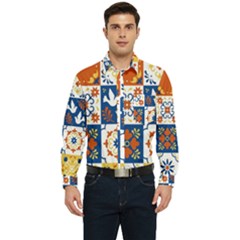 Mexican-talavera-pattern-ceramic-tiles-with-flower-leaves-bird-ornaments-traditional-majolica-style- Men s Long Sleeve Pocket Shirt  by Ket1n9