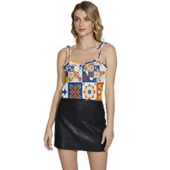 Mexican-talavera-pattern-ceramic-tiles-with-flower-leaves-bird-ornaments-traditional-majolica-style- Flowy Camisole Tie Up Top by Ket1n9