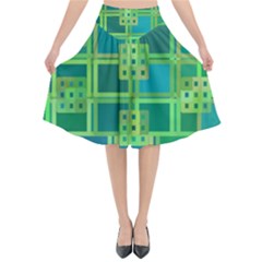 Green-abstract-geometric Flared Midi Skirt by Ket1n9