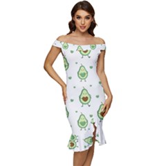 Cute-seamless-pattern-with-avocado-lovers Off Shoulder Ruffle Split Hem Bodycon Dress by Ket1n9