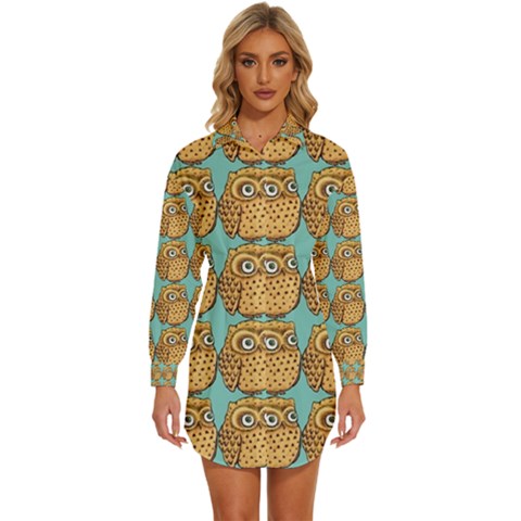 Seamless Cute Colourfull Owl Kids Pattern Womens Long Sleeve Shirt Dress by Grandong