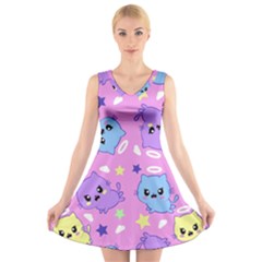 Seamless Pattern With Cute Kawaii Kittens V-neck Sleeveless Dress by Grandong