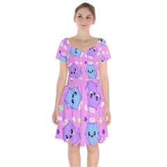 Seamless Pattern With Cute Kawaii Kittens Short Sleeve Bardot Dress by Grandong