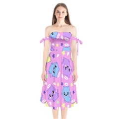 Seamless Pattern With Cute Kawaii Kittens Shoulder Tie Bardot Midi Dress by Grandong