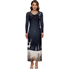 Christmas Winter Xmas Scene Nature Forest Tree Moon Long Sleeve Longline Maxi Dress by Vaneshop