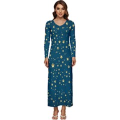 Star Golden Pattern Christmas Design White Gold Long Sleeve Longline Maxi Dress by Vaneshop