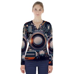 Illustrations Technology Robot Internet Processor V-neck Long Sleeve Top by Vaneshop