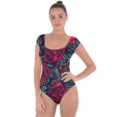 Vintage Flash Tattoos Designs Seamless Pattern Short Sleeve Leotard  by Amaryn4rt