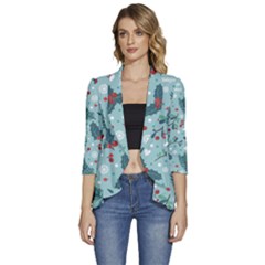 Seamless-pattern-with-berries-leaves Women s 3/4 Sleeve Ruffle Edge Open Front Jacket by Amaryn4rt