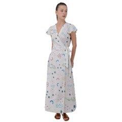 Spaceship Pattern Star Flutter Sleeve Maxi Dress by Pakjumat