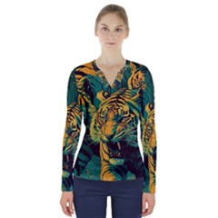 Abstract Landscape Nature Floral Animals Portrait V-neck Long Sleeve Top by Pakjumat