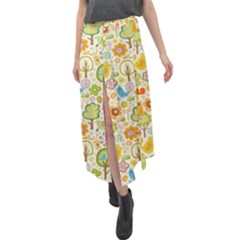 Nature Doodle Art Trees Birds Owl Children Pattern Multi Colored Velour Split Maxi Skirt by Pakjumat