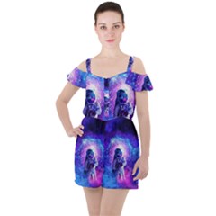The Cosmonaut Galaxy Art Space Astronaut Ruffle Cut Out Chiffon Playsuit by Pakjumat