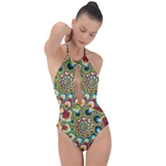 Colorful Psychedelic Fractal Trippy Plunge Cut Halter Swimsuit by Modalart