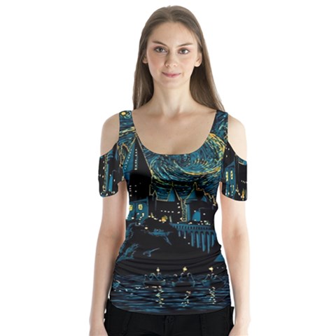 Castle Starry Night Van Gogh Parody Butterfly Sleeve Cutout T-shirt  by Sarkoni