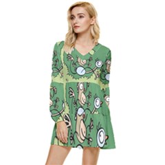 Ostrich Jungle Monkey Plants Tiered Long Sleeve Mini Dress by Bajindul