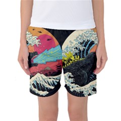 Retro Wave Kaiju Godzilla Japanese Pop Art Style Women s Basketball Shorts by Modalart