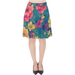 Floral Art Flowers Textile Velvet High Waist Skirt by Ravend