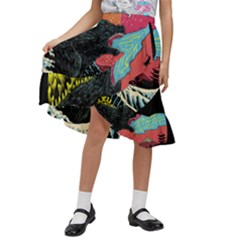 Retro Wave Kaiju Godzilla Japanese Pop Art Style Kids  Ruffle Flared Wrap Midi Skirt by Modalart