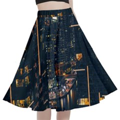 Photo Of Buildings During Nighttime A-line Full Circle Midi Skirt With Pocket by Modalart
