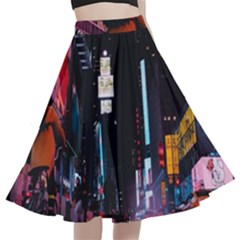 Roadway Surrounded Building During Nighttime A-line Full Circle Midi Skirt With Pocket by Modalart