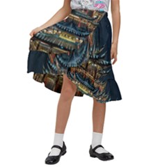 Blue Yellow And Green Lighted Pagoda Tower Kids  Ruffle Flared Wrap Midi Skirt by Modalart