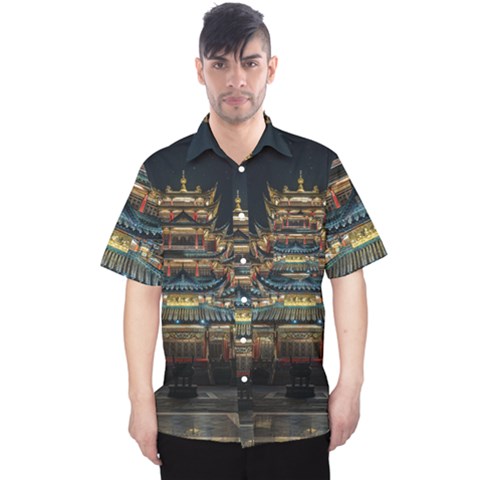 Blue Yellow And Green Lighted Pagoda Tower Men s Hawaii Shirt by Modalart